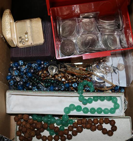 A group of costume jewellery and coins.